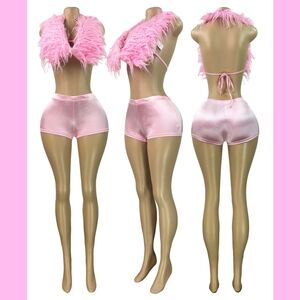 Pink Feather Trim Two-Piece Set